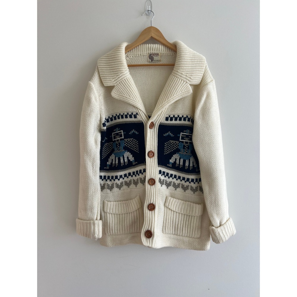 VTG 70s Silton California Cardigan Sweater L Cream Thunderbird Native Aztec Knit
